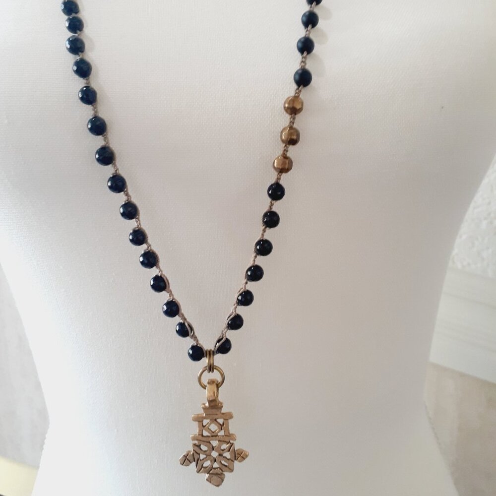 Vintage Onyx Beads & Ethiopian Cross Necklace